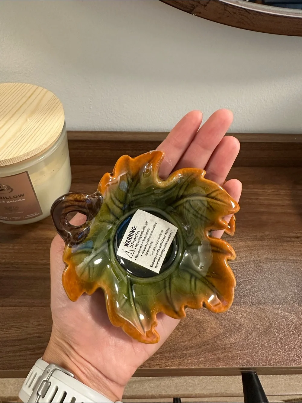 Source Unknown Glossy Ceramic Leaf Tealight Holders in Green and Orange